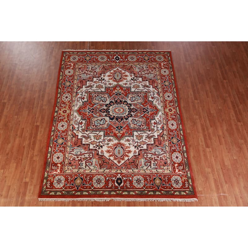 Hand Knotted Oriental 100% Wool Carpet Traditional Medallion Beige & Ivories Heriz (serapi) Area Rug - 10' 3'' X 7' 8''