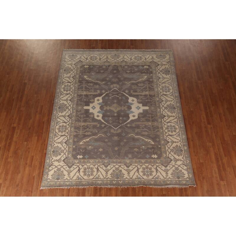Gray & Ivory Oushak Indian Area Rug Hand-Knotted Wool Carpet - 8'0"x 9'8"