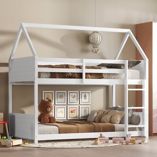 Twin over Twin House Floor Bunk Bed w/ Headboards, Footboards and Ladder, Rubber Wood Bunk Bed w/ Safety Guardrails, White