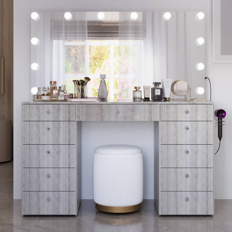 Makeup Vanity Desk, Glass Top, 12 LED Lights BT Speakers & 11 Drawers - Grey