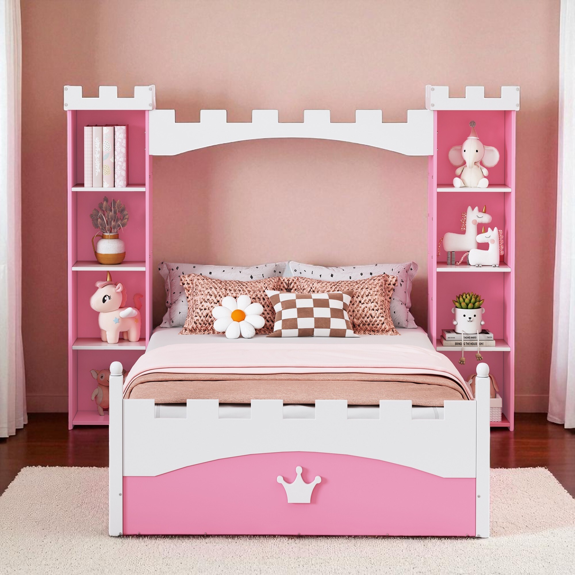 Twin Size Castle-Shaped Wooden Bed with Storage Bookcase and Crown Footboard, Platform Bed Frame