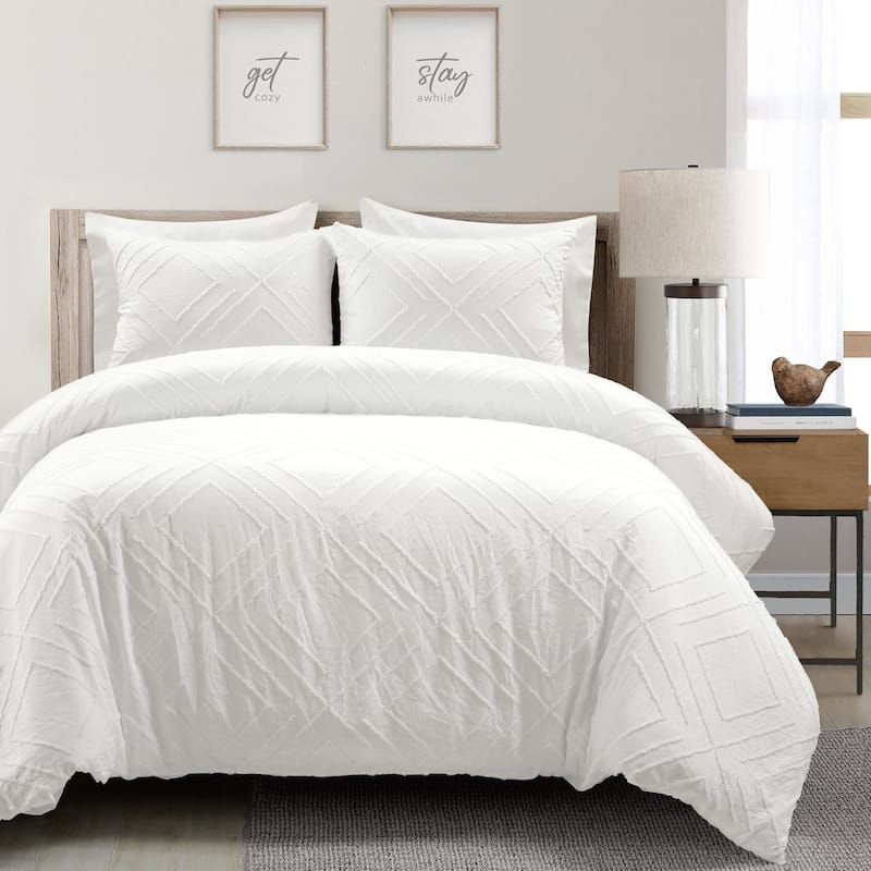 Lush Decor Diamond Clip Jacquard 3 Piece Duvet Cover Set - White - King