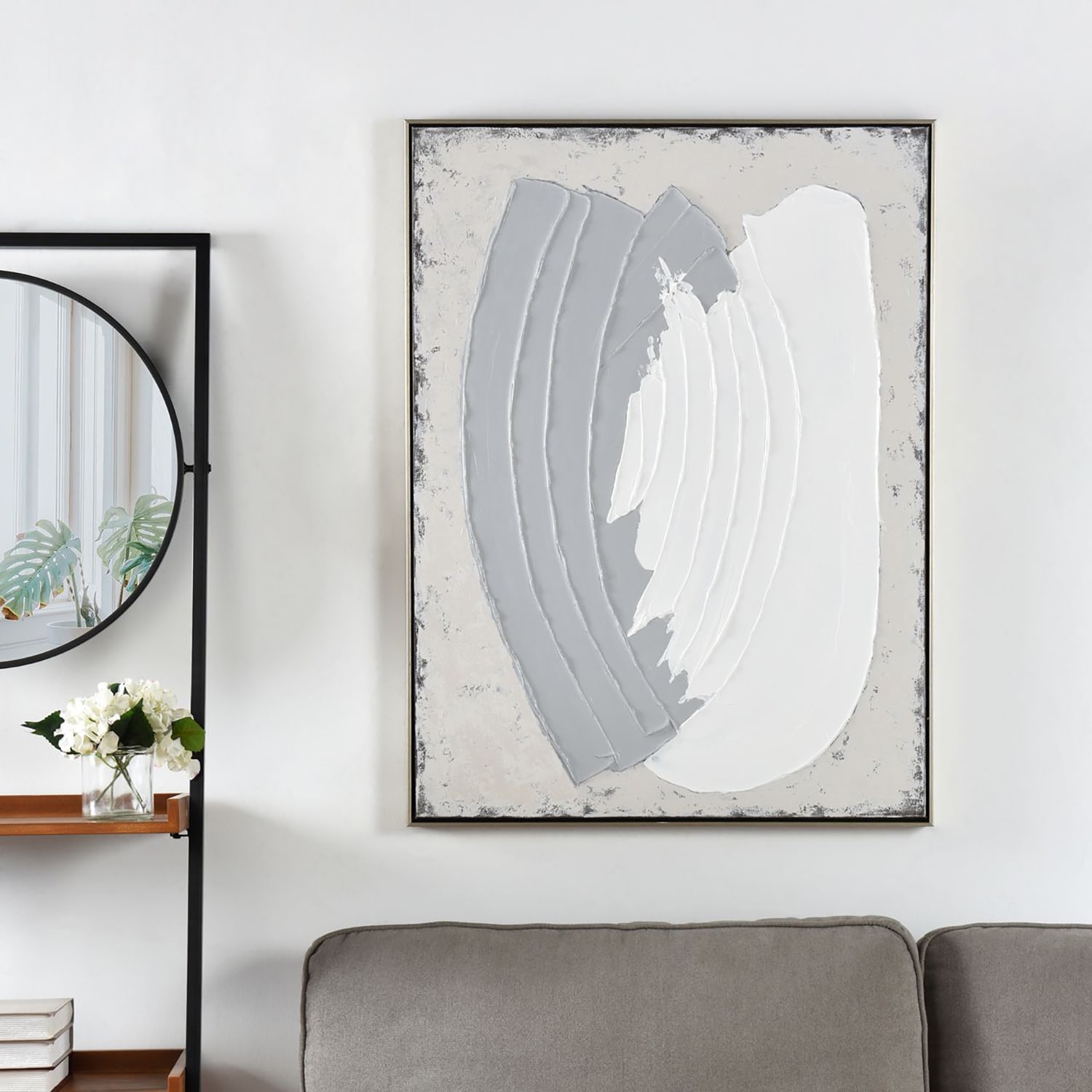 StyleCraft Hand painted Canvas Wall Art - Abstract - Ivory, Grey - 30" x 39" - Black Frame