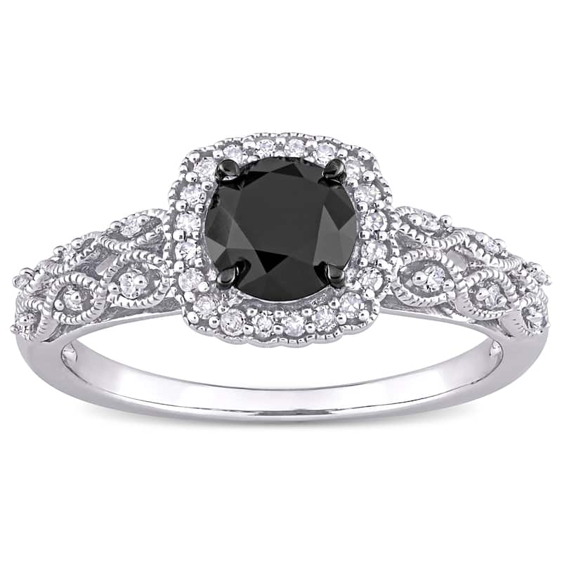Miadora 10k White Gold 3/4ct TDW Black and White Diamond Halo Vintage Engagement Ring