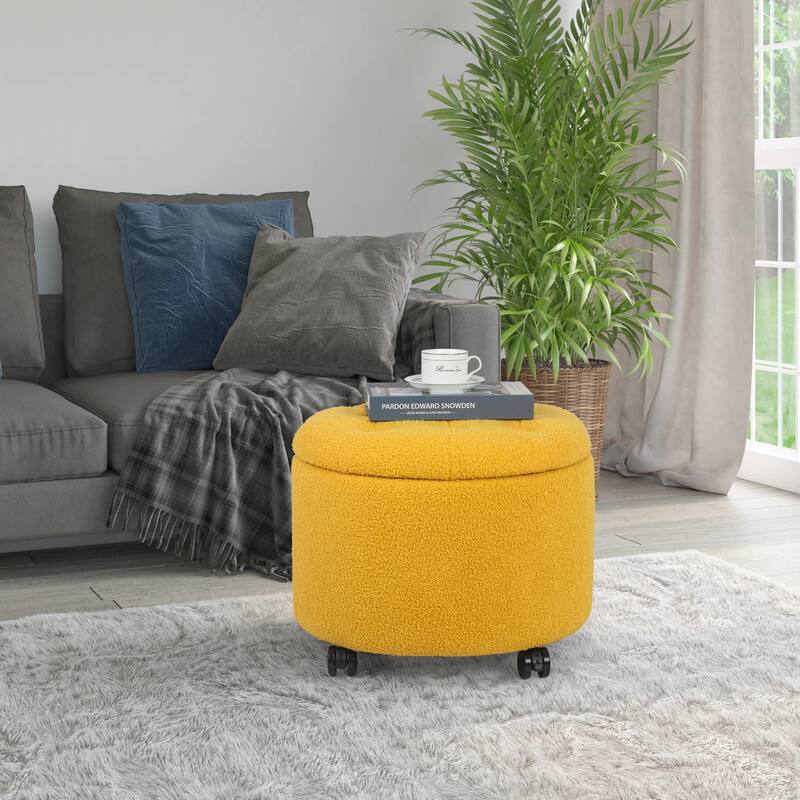 Adeco 20" Wide Button Tufted Round Storage Ottoman with Casters