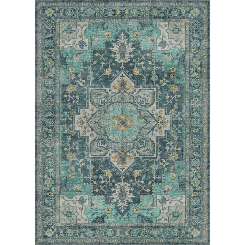 Mcow Green Floral Low Pile Machine Washable Non-Slip Area Rug