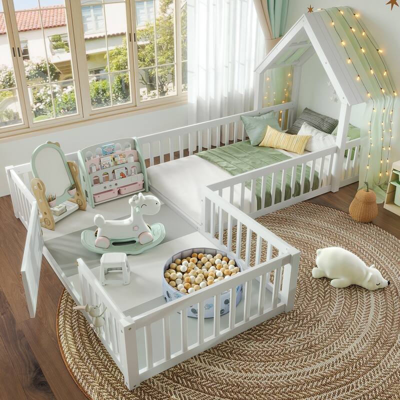 Modern House Floor Bed Frame, Double Floor Beds with Fence and Door - White - Twin