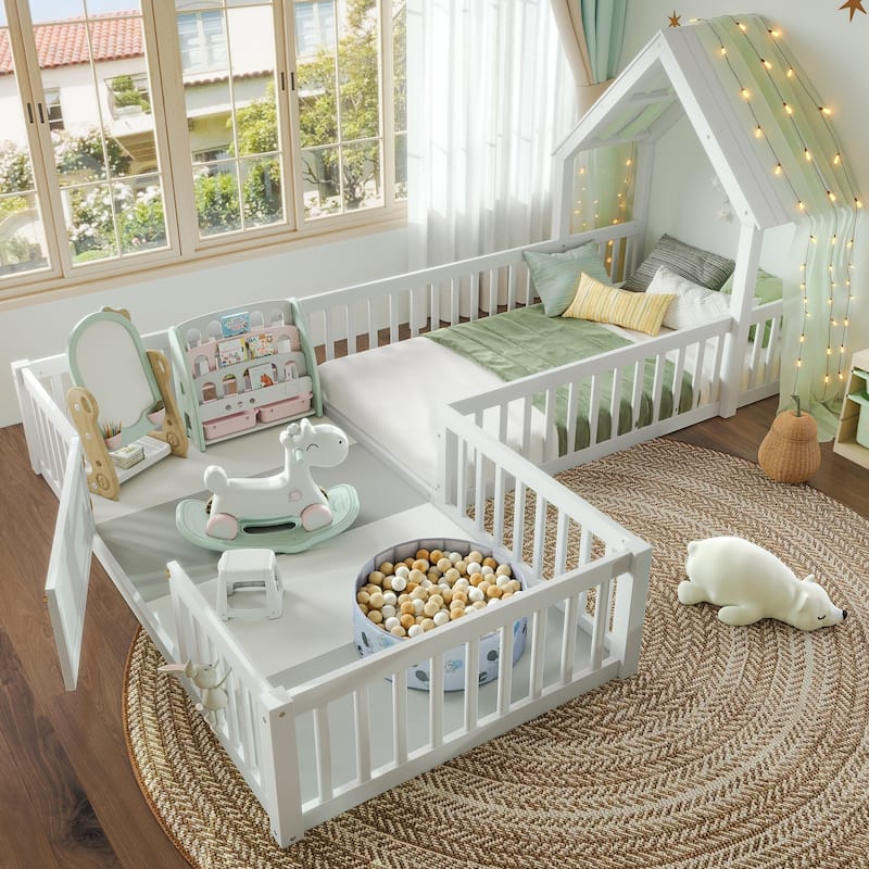 Montessori Floor Bed for Toddler Kids, L Shape House Bed with Door and Guardrails, Double Bed Frame Design for Sleeping and Play - White - Twin