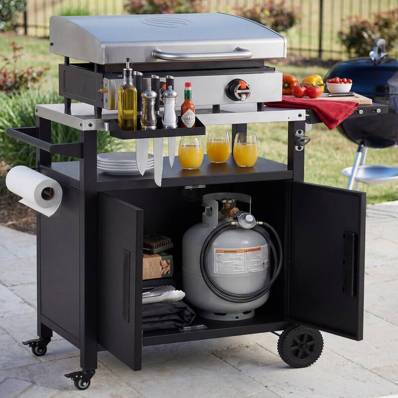Anmytek Outdoor Grill Cart with Storage, Foldable Table, Stainless Steel Top, Wheels, Spice Rack, Waterproof Cover for BBQ