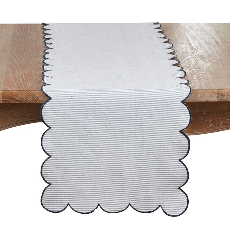 Cotton Striped Scalloped Table Runner - Everyday Woven Table Runner for Dining & Console Tables, 16"x72" - 16"x72" - Navy Blue