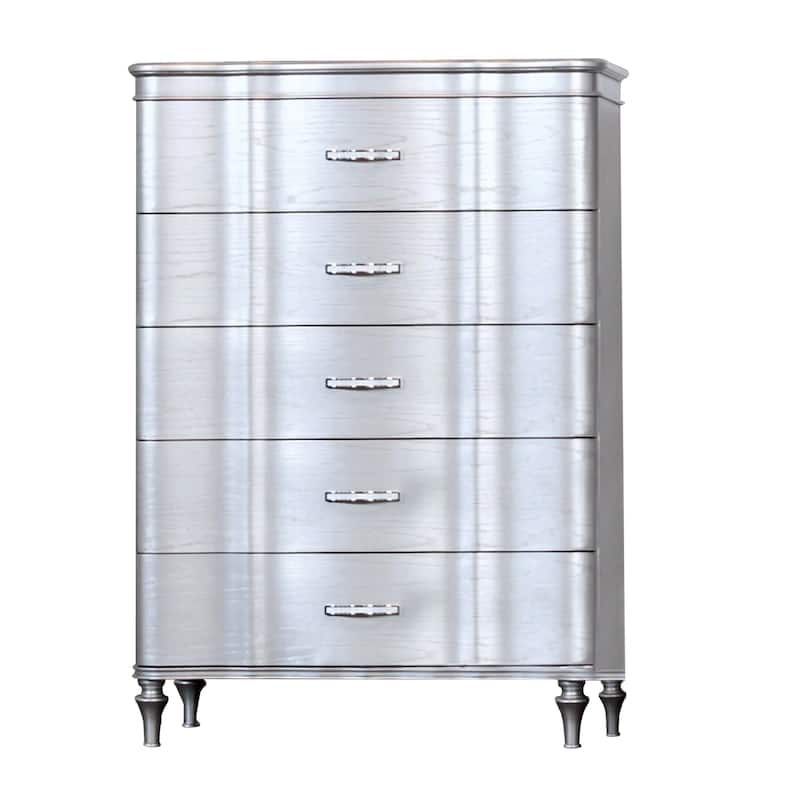 Eleena Tall Dresser Chest, 5 Drawers, Silver Solid Wood, Chrome Metal