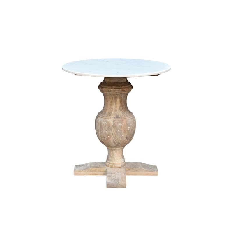 Brown Marble Top End Table with Solid Wood Pedestal Base 26 Inch - 22” x 22” x 26” (D x W x H)
