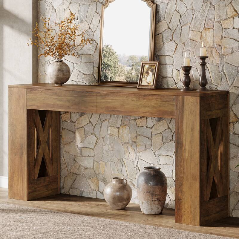 63-Inch Long Farmhouse Console Table with 2 Drawers for Entryway