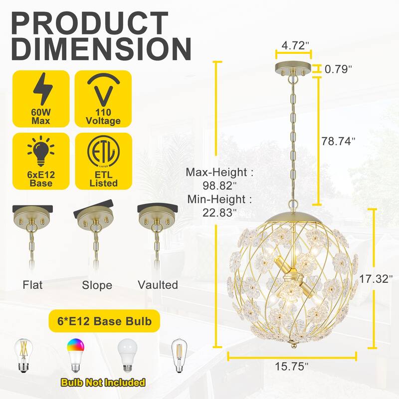 Modern 6-Light Glass Flower Globe Pendant Chandelier for Dining Room