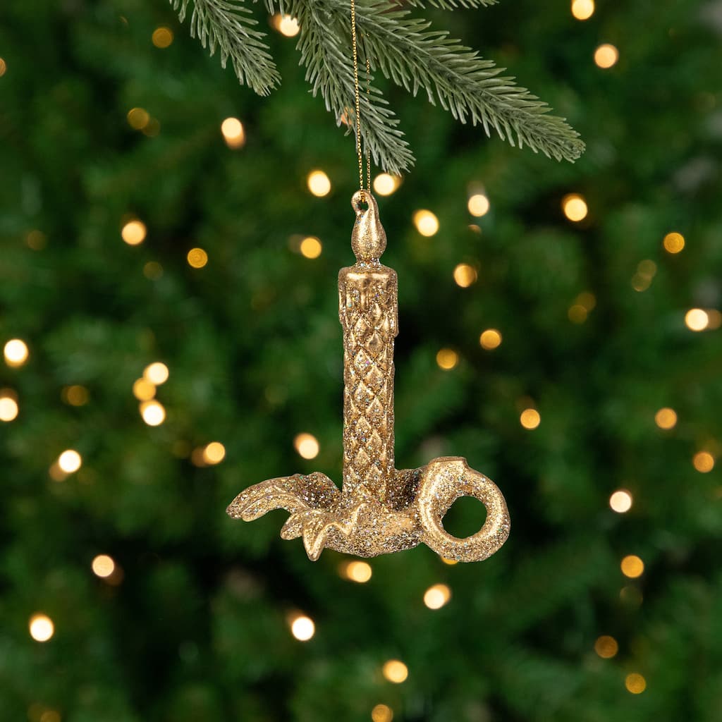 Glitter Drenched Candlestick Christmas Ornaments - 4" - Gold - Set of 4