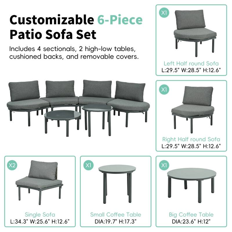 6-Piece Patio Half Moon Sofa Set with Coffee Tables, 4 Pillows & Cushions
