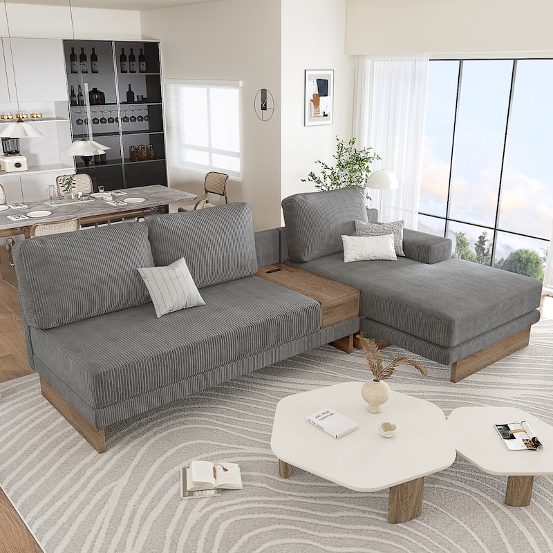 Corduroy L-shaped Sofa Sectional Sofa with 2 USB Ports and 2 Power Sockets, Storage Drawer Settee for Living Room - Grey