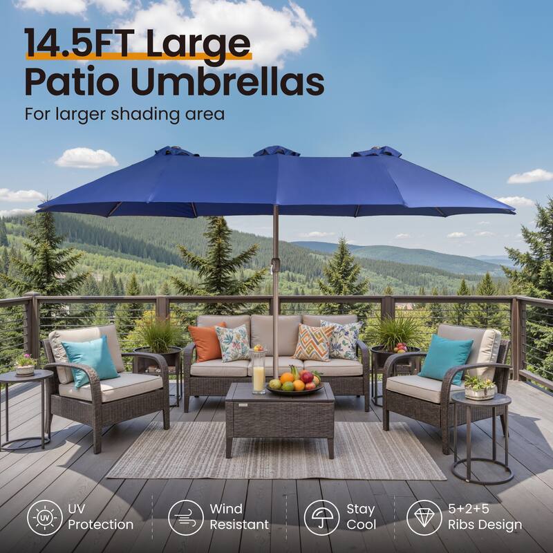 OVIOS 15ft Double-Sided Patio Umbrella with Crank & Weighted Sandbag Base