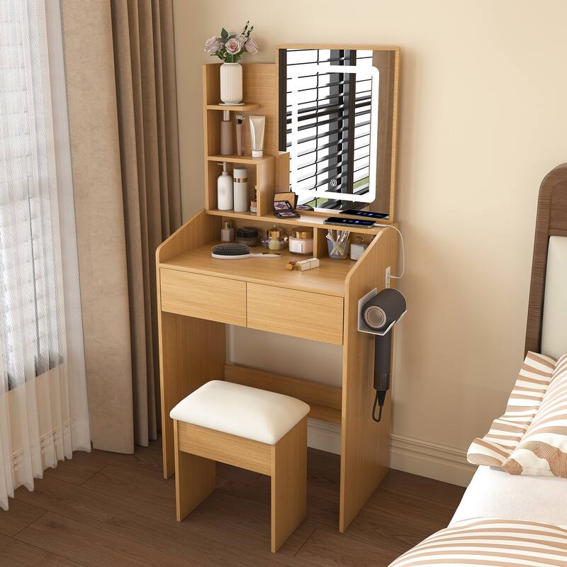 Anmytek Wood Tone LED Vanity Desk with Charging Station Makeup Dressing Table for Bedroom Small Spaces