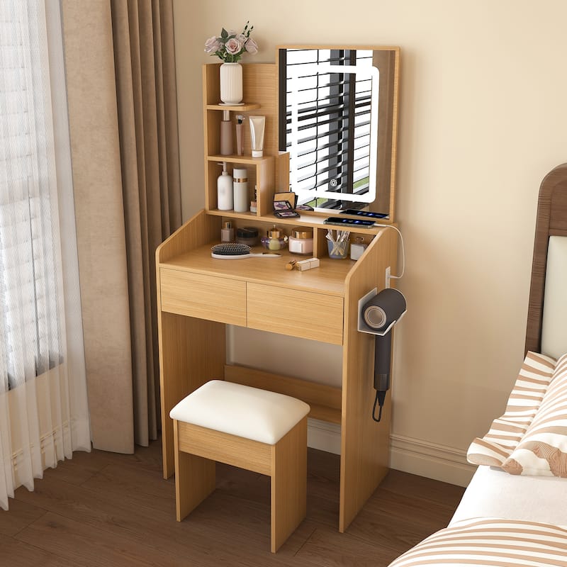 Vanity Table with LED-Illuminated Mirror, Power Outlet, Hairdryer Holder & Stool - Compact Dressing Desk for