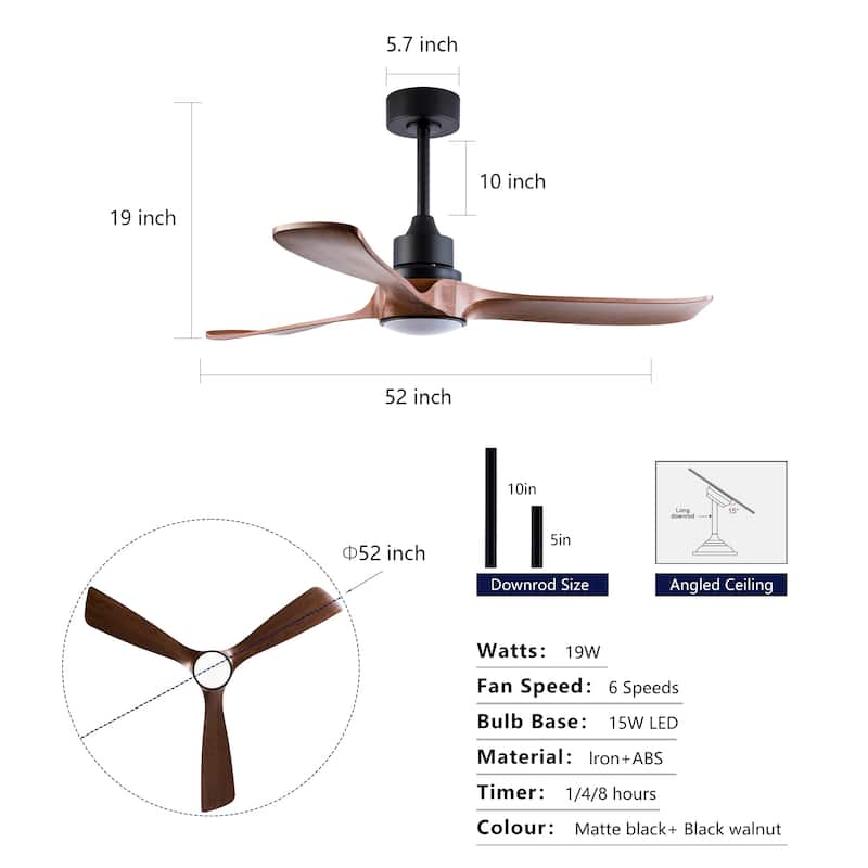 52 Inch Modern Ceiling Fan With 3 Color Dimmable 3 ABS Blades Remote Control Reversible DC Motor With Led Light