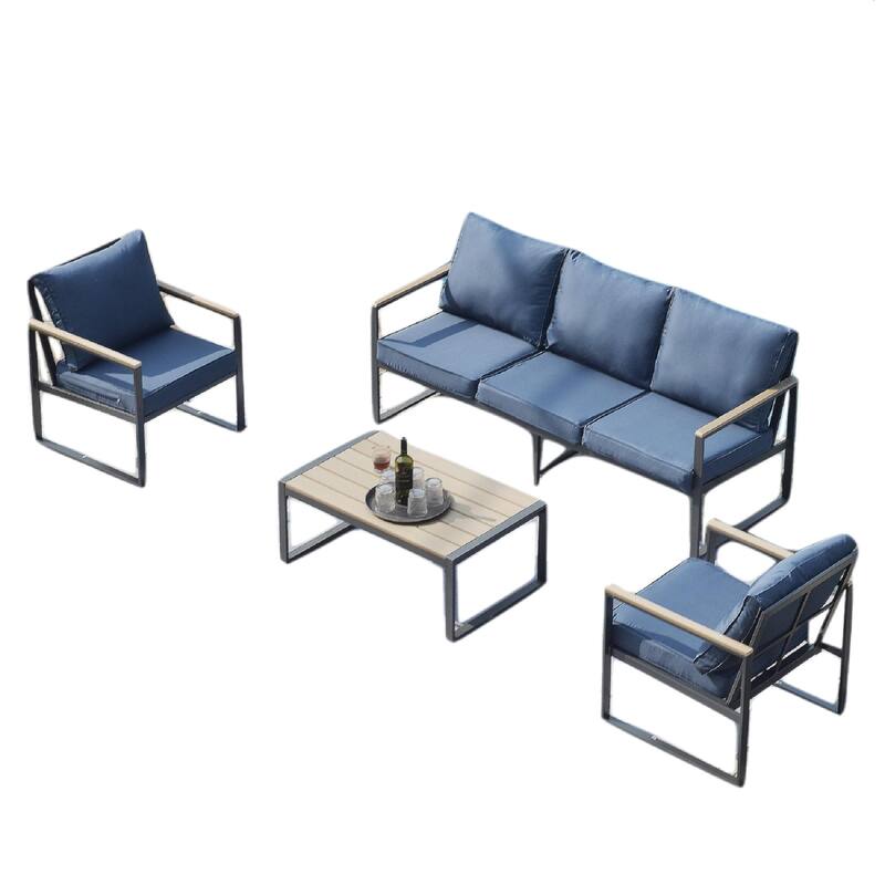 4-Piece Modern Outdoor Sofa Set - Iron Frame with Grey Cushions and Faux Wood Grain Coffee Table