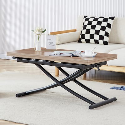 Modern Multifunctional Lift Table: 0.8" Wood Grain MDF Top & Black Metal Legs – Ideal as a Vanity, Coffee Table, Dining Table