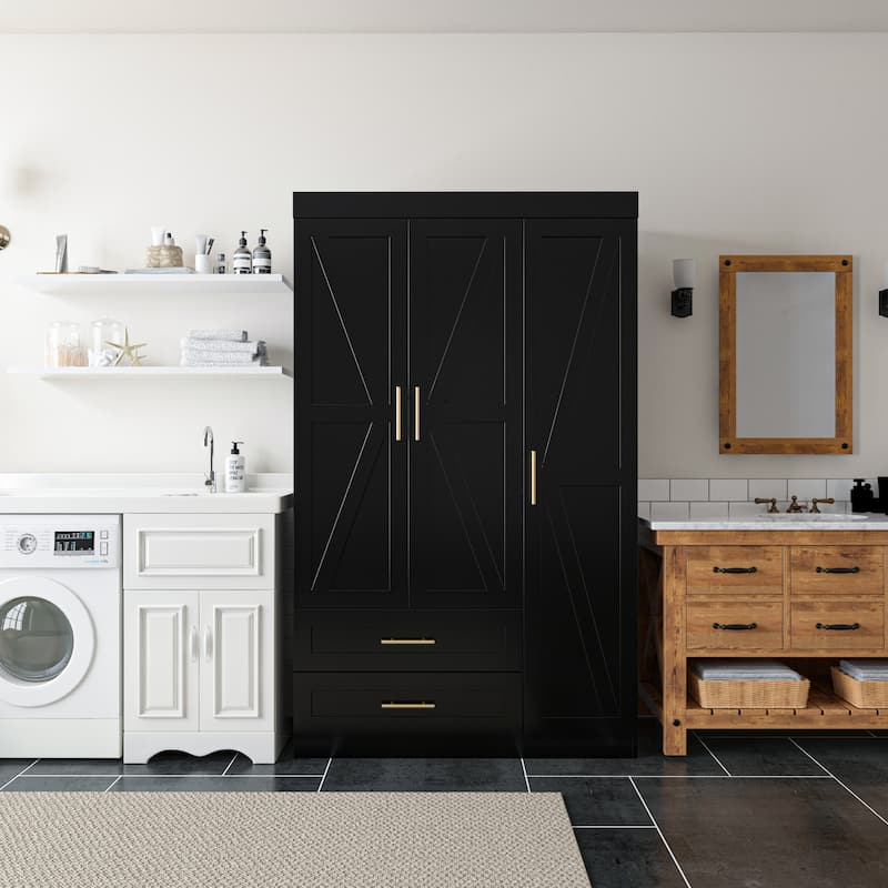 Classic Three-Door Wardrobe,Wood Bedroom Armoire with Hanging Rod and Shelves,Spacious Storage Closet,Modern Farmhouse Design