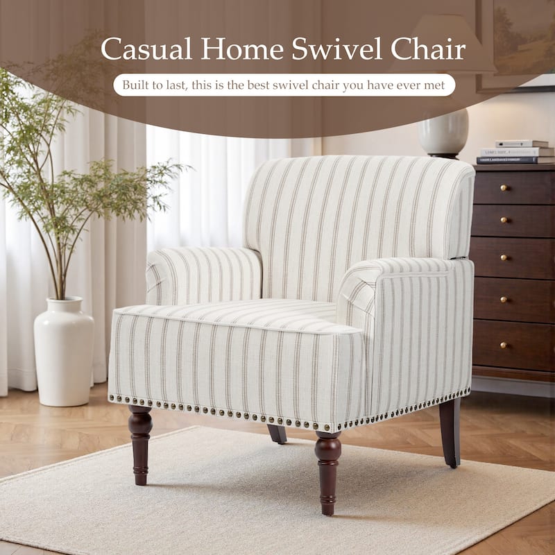 Set 2 Striped Upholstered Linen Armchair with Brass Nailhead Trim