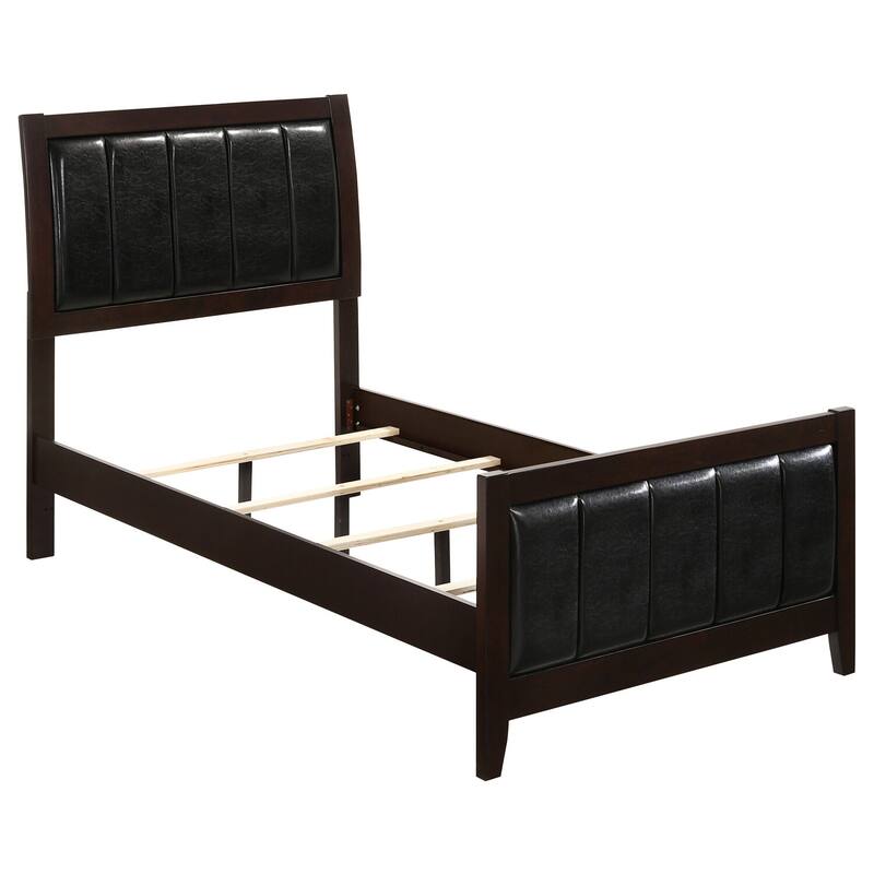Upholstered Panel Bed in Cappuccino and Black with Leatherette Padded Headboard, Footboard, and Tapered Legs