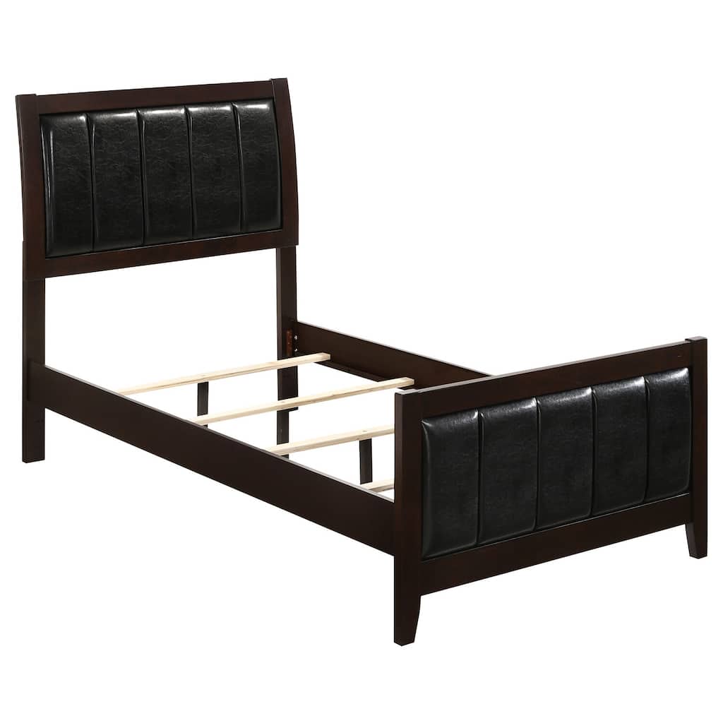 Upholstered Panel Bed in Cappuccino and Black with Leatherette Padded Headboard, Footboard, and Tapered Legs