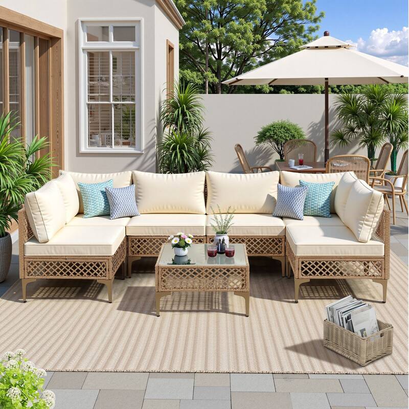 7 Pieces Outdoor Conversation Sets Patio Sectional Furniture Set--Clearance - Yellow/Beige