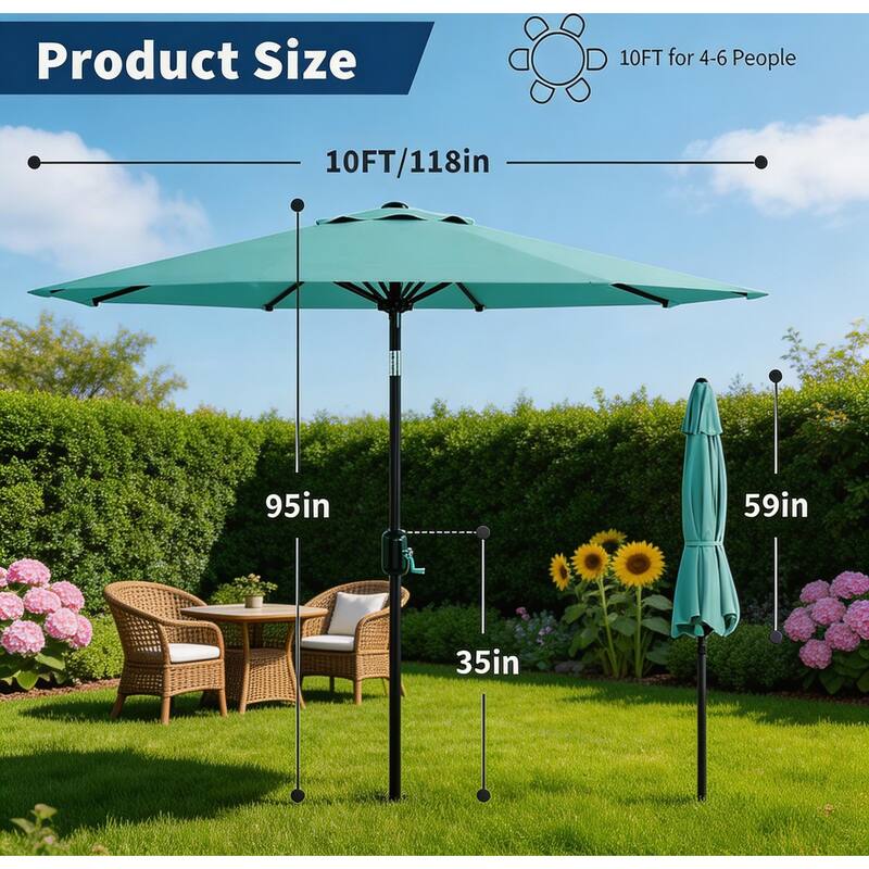 10ft Outdoor Patio Umbrella, with Crank Lift & Push Button Tilt, UV Protection Waterproof