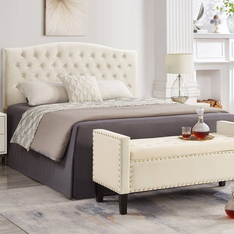 48"L Velvet Storage Bench, End Of Bed Upholstered Tufted Button Storage Bench With Nails Trim