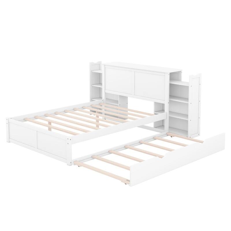 Wooden Storage Platform Bed with Bookcase Headboard, Full/Queen Bed Frame with Twin Size Trundle and Pull Out Shelves