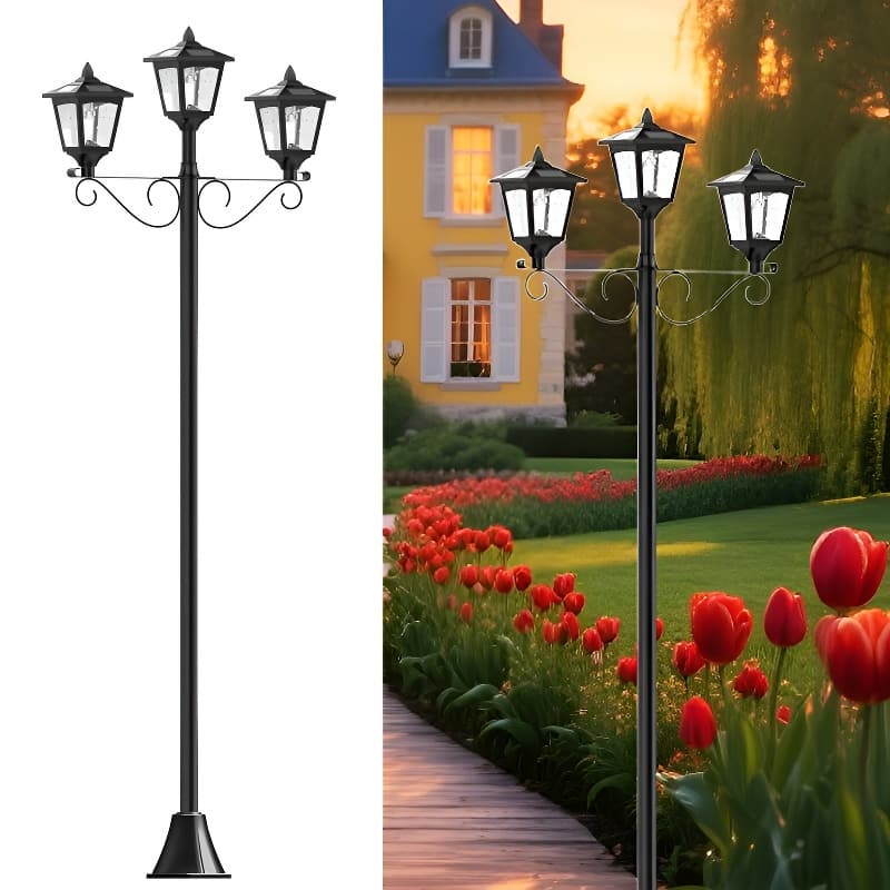 Outdoor 72" Solar Lamp Post LED Triple Head with Dusk to Dawn Sensor for Patio, Walkway, Lawn - Black