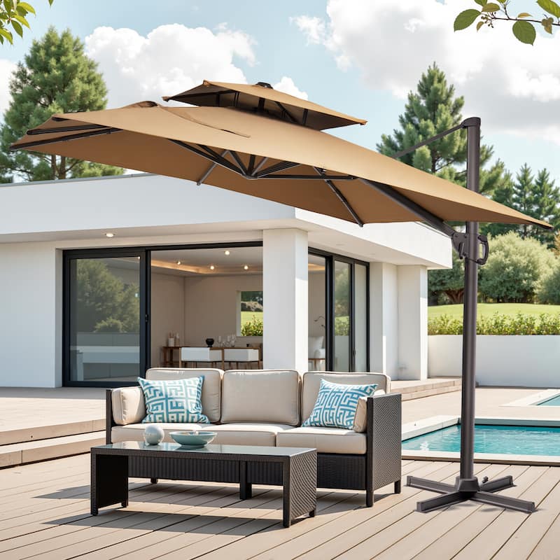 Pellebant 10 ft Square Outdoor Patio Cantilever-Offset Umbrella 360 Degree Rotation - Tan