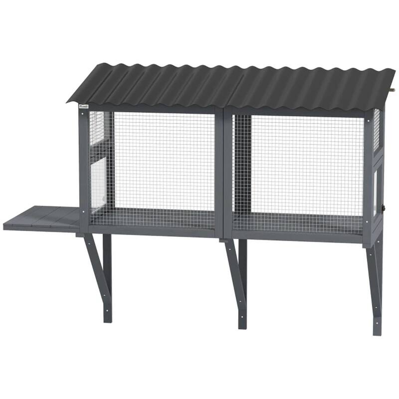 Grey Fir Wood Cat Enclosure with PVC, Steel Mesh and Jumping Platform