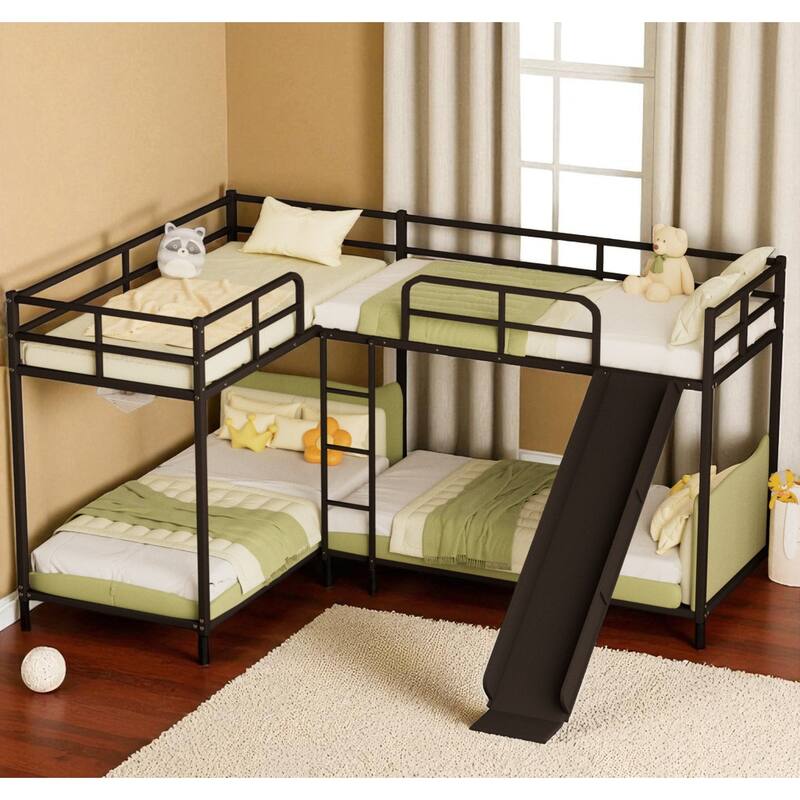 L-Shaped Metal Bunk Bed with Slide and Short Ladder, Space-Saving Twin Bunk Bed Frame for Kids or Teens - Black - Twin