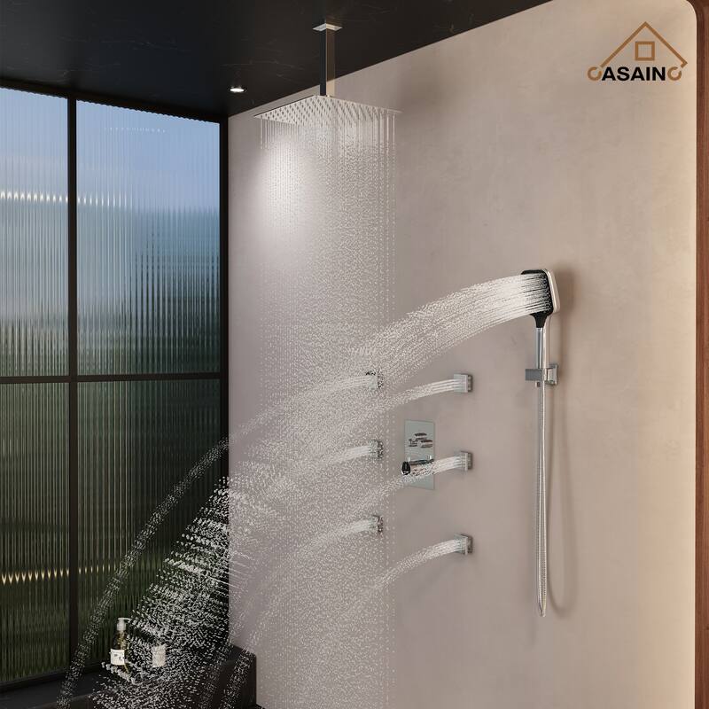 Celling Mount 12 Inch Rainfall Shower Head 3 Function Thermostatic Shower System with 6 Body Jets
