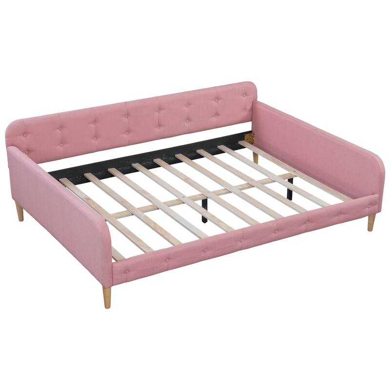Elegant Style Linen Fabric Daybed, Upholstered Tufted Button Platform Sofa Bed Frame with 4 Solid Pine Wood Legs