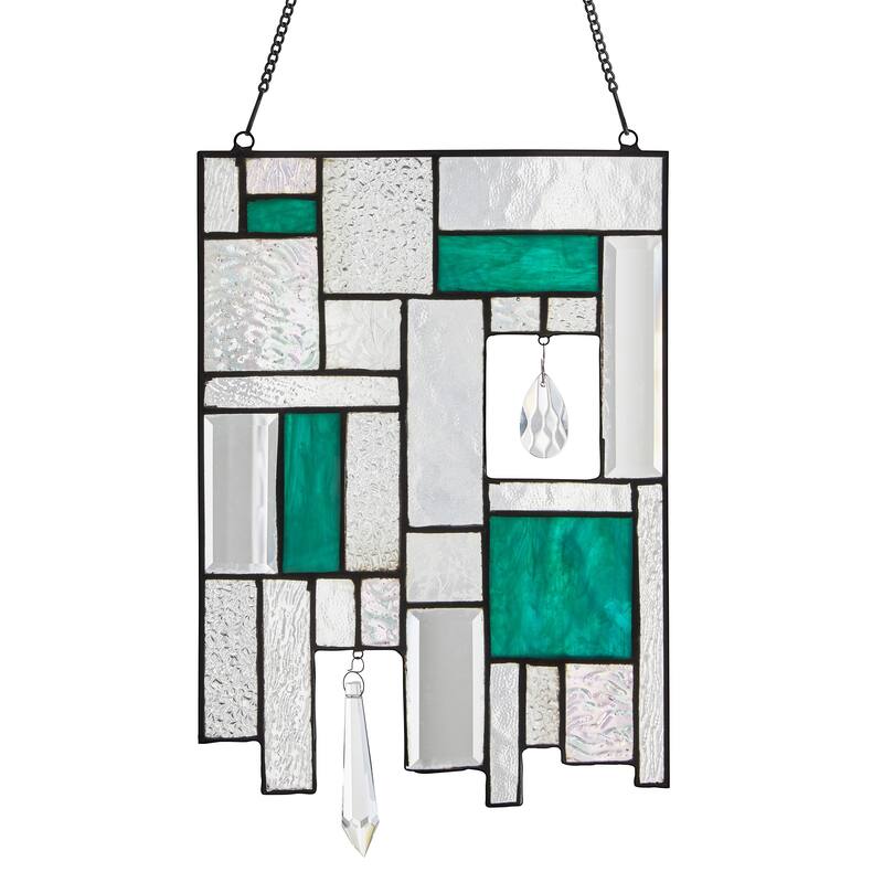 Geometric River of Goods Stained Glass Window Panel with Crystals