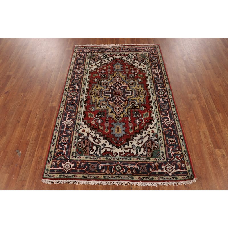 Geometric Heriz Serapi Indian Accent Rug Hand-Knotted Wool Carpet - 4'0" X 6'0"