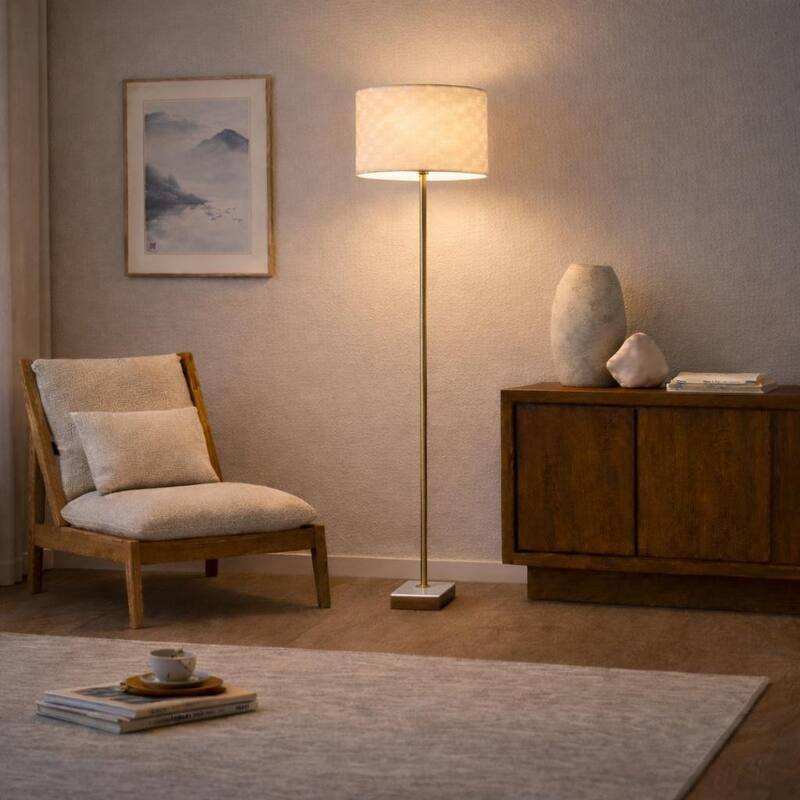 Ellen Floor Lamp with Woven Shade and Marble-Wood Base - Gold - Gold