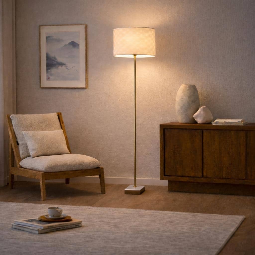 Ellen Floor Lamp with Woven Shade and Marble-Wood Base - Gold