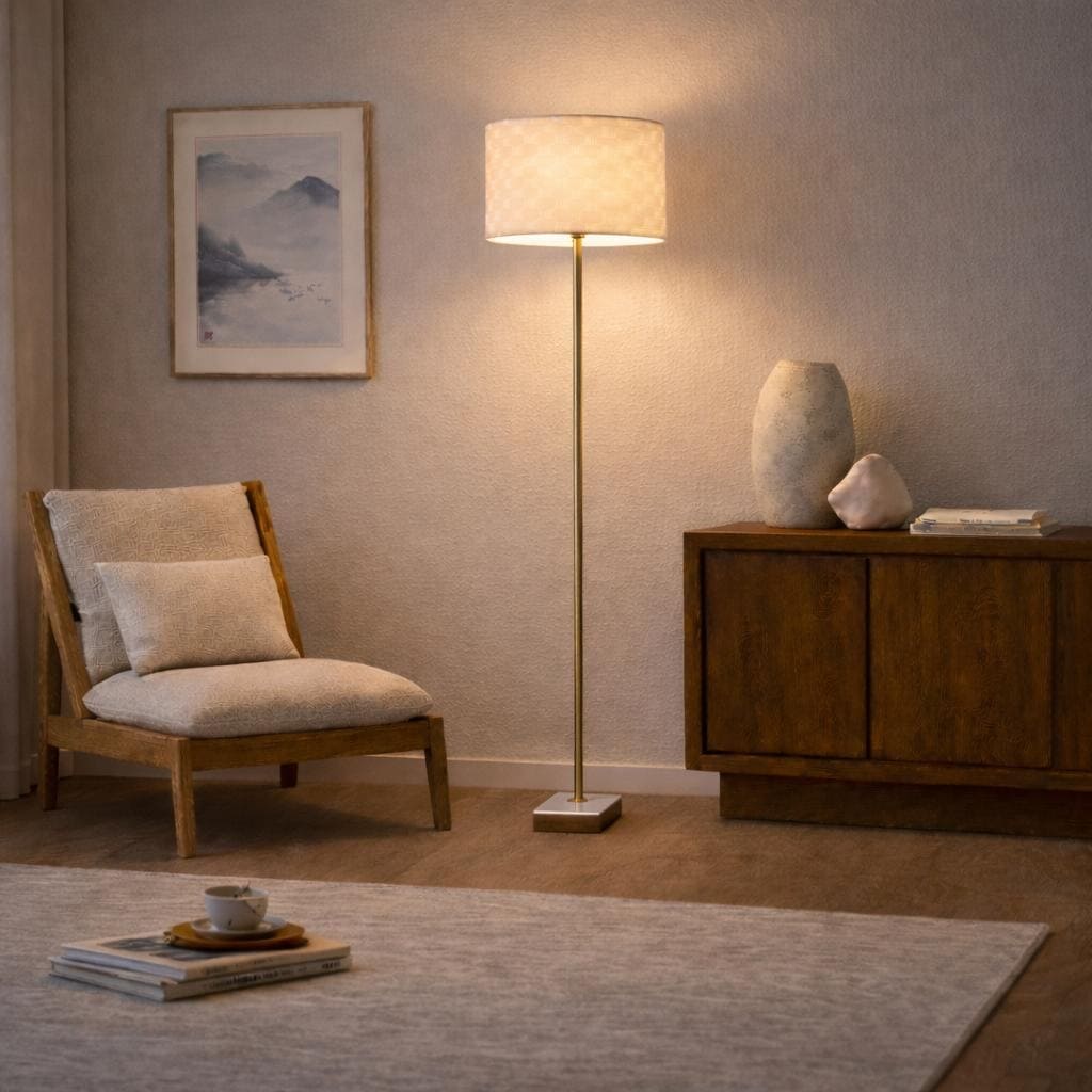 Ellen Floor Lamp with Woven Shade and Marble-Wood Base