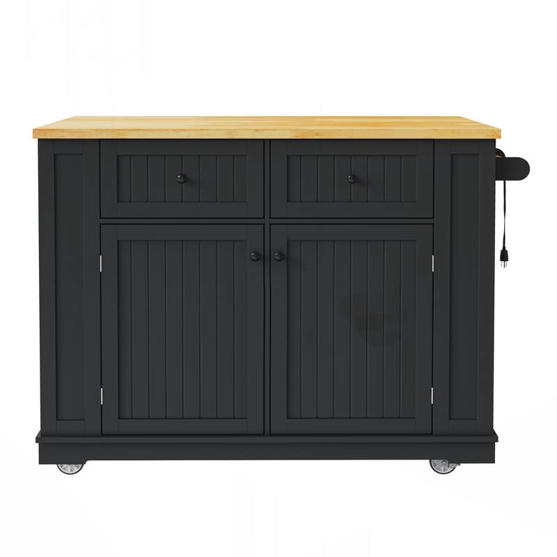 Kitchen Island with 2 Bar Stools, Power Outlet, Door Internal Storage Rack, Kitchen Storage Cart on 5 Wheels with Drop Leaf
