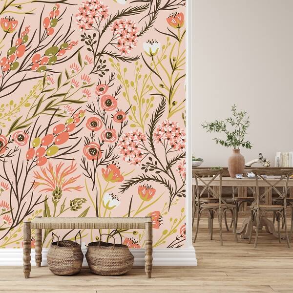 Beige Wallpaper with Wildflowers Peel and Stick and Prepasted - Bed ...
