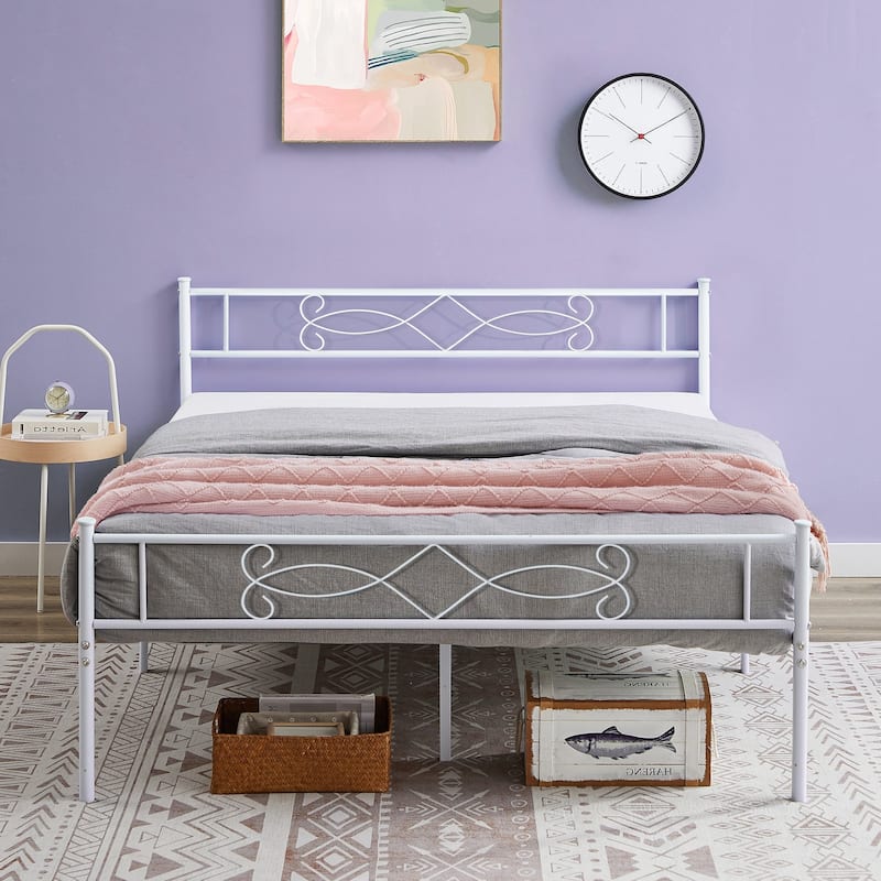Metal Bed Frame with Headboard and Footboard- Twin/Full/Queen Size Bed - White - Queen