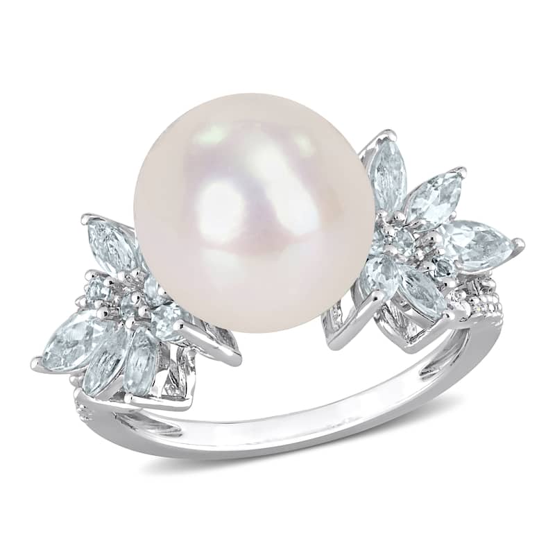 Miadora 11-12mm Cultured Freshwater Pearl and 1 1/5ct TGW Aquamarine and 1/10ct TDW Diamond Flower Ring in Sterling Silver